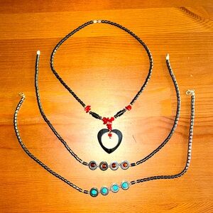 Set of 3 necklaces - gunmetal beads with 2 four station and 1 heart pendant